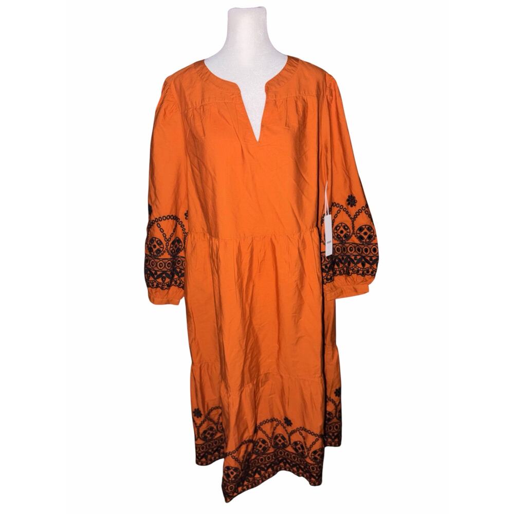 NWT CHICO’S Poplin Embroidered Sleeve Midi Dress Size 1.5 US 10 Orange